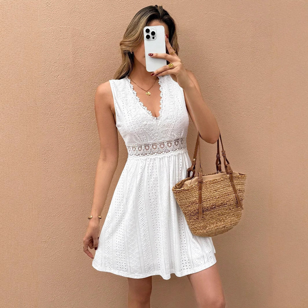 New Elegant And Sophisticated Sleeveless V-neck Lace-patchwork Jacquard Dress | Luxury Home Accessories | Heulog Glow