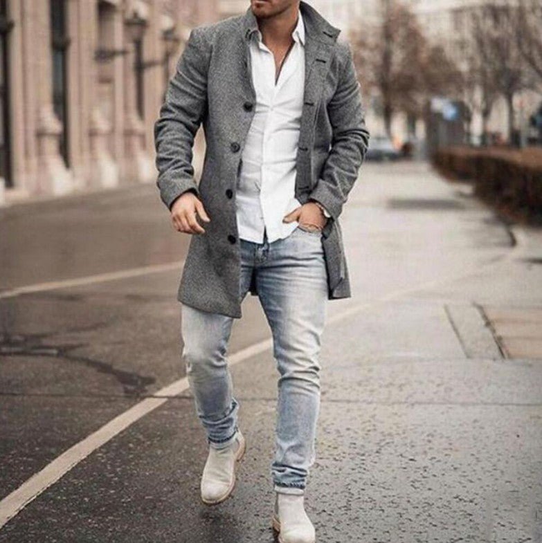 New men's woolen stand collar mid-length casual coat with pockets | Luxury Home Accessories | Heulog Glow