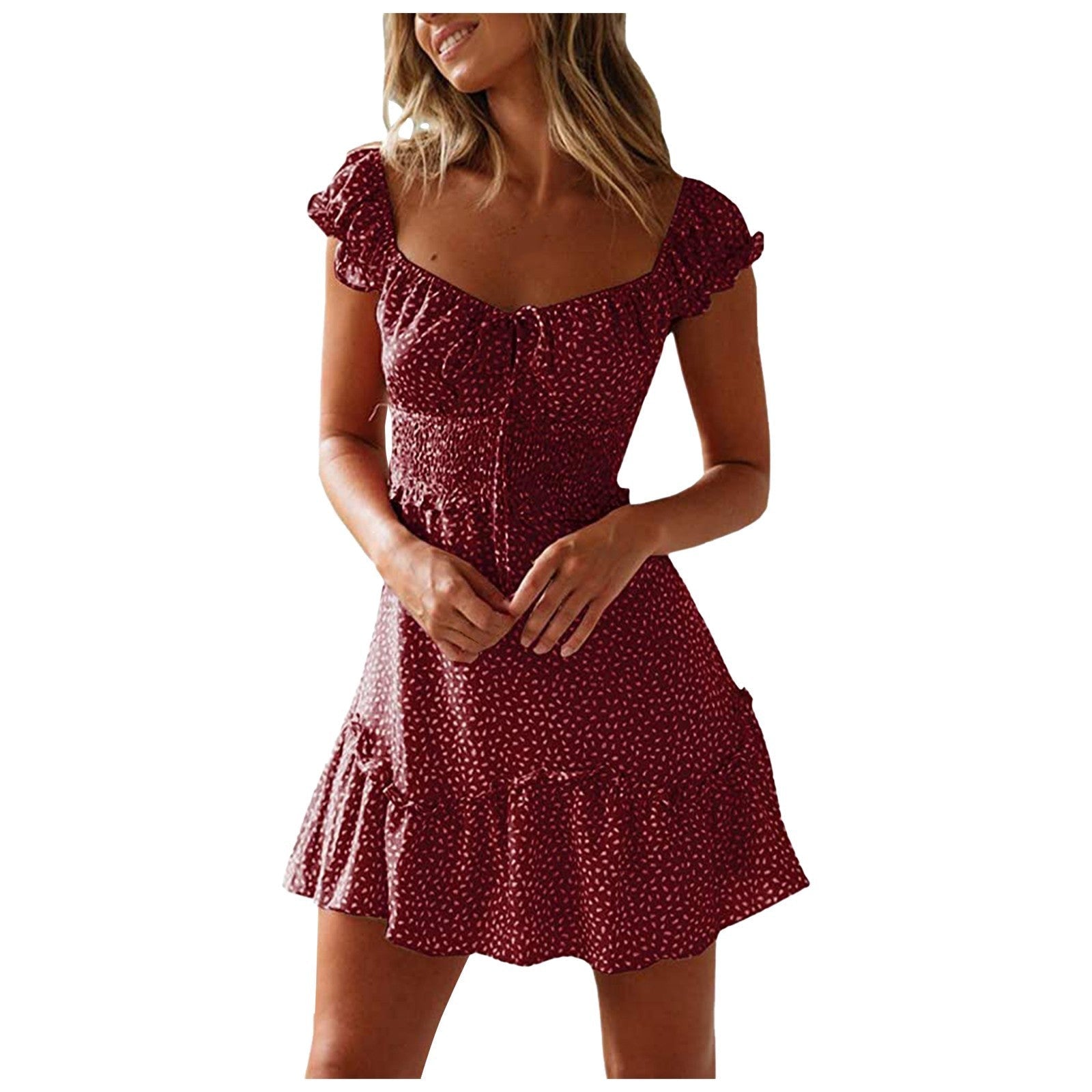 New Splicing Ruffled Floral Skirt Short-sleeved Printed U-Neck And High-Waisted Dress | Luxury Home Accessories | Heulog Glow