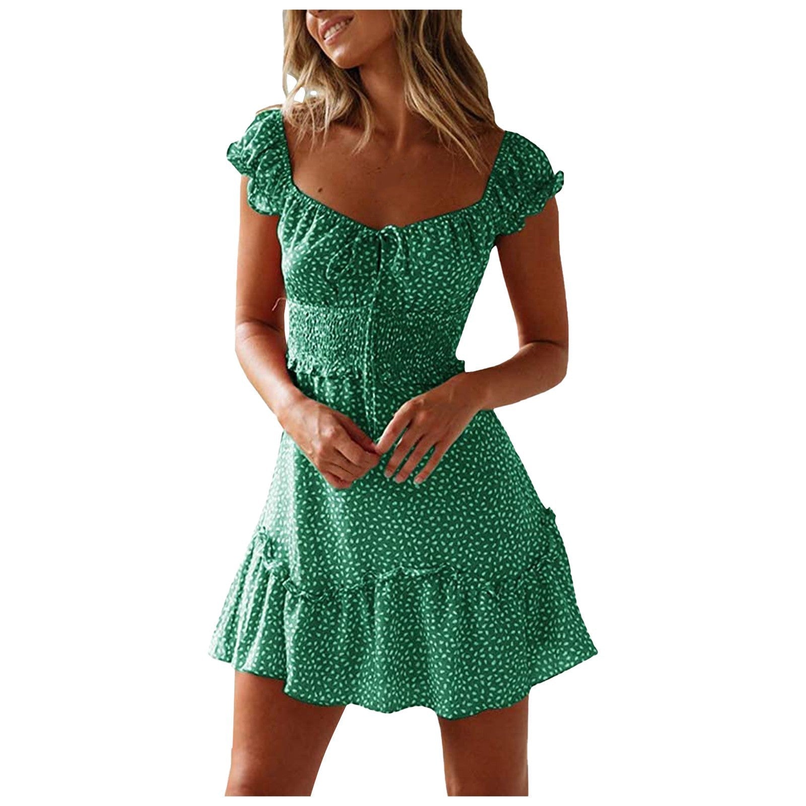 New Splicing Ruffled Floral Skirt Short-sleeved Printed U-Neck And High-Waisted Dress | Luxury Home Accessories | Heulog Glow