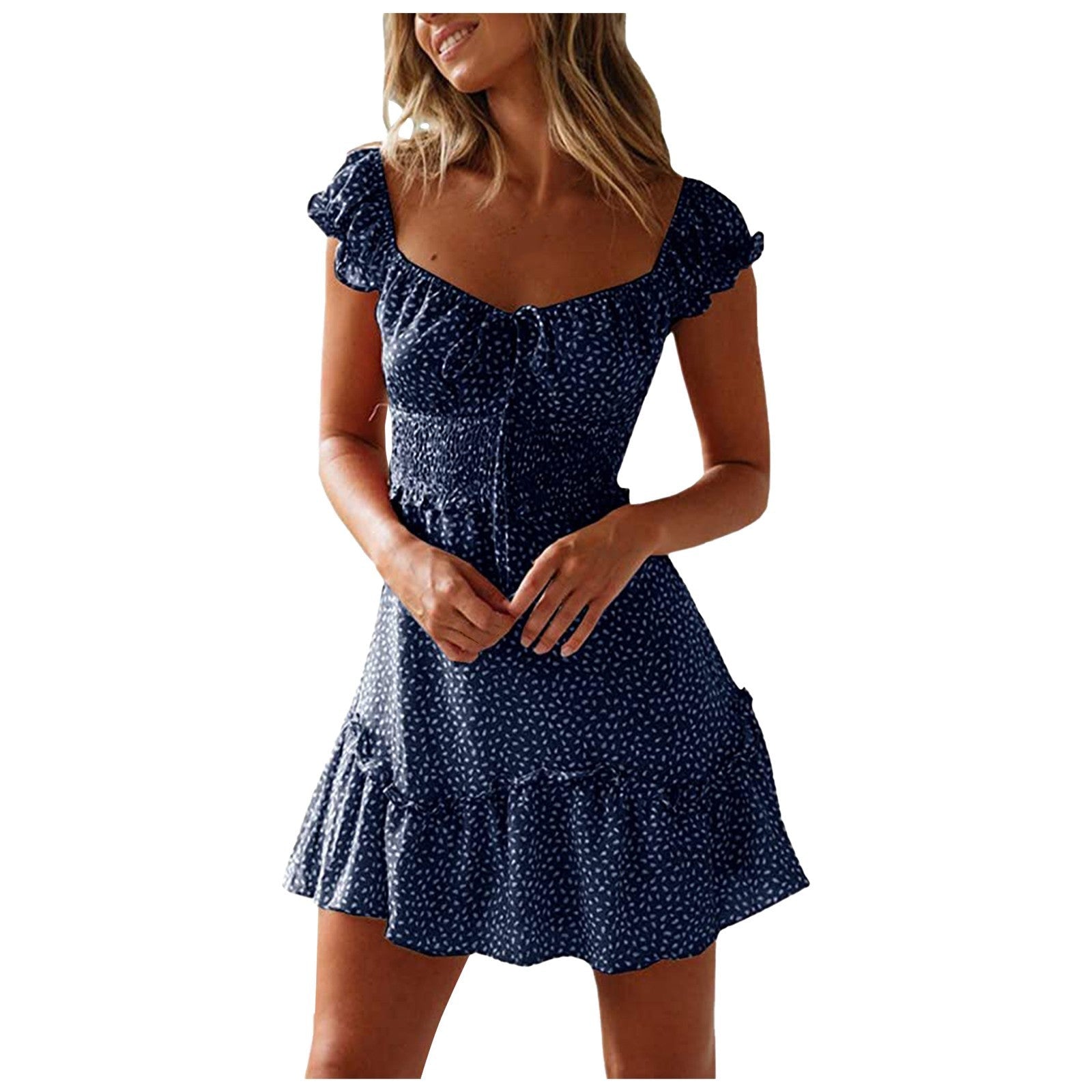 New Splicing Ruffled Floral Skirt Short-sleeved Printed U-Neck And High-Waisted Dress | Luxury Home Accessories | Heulog Glow