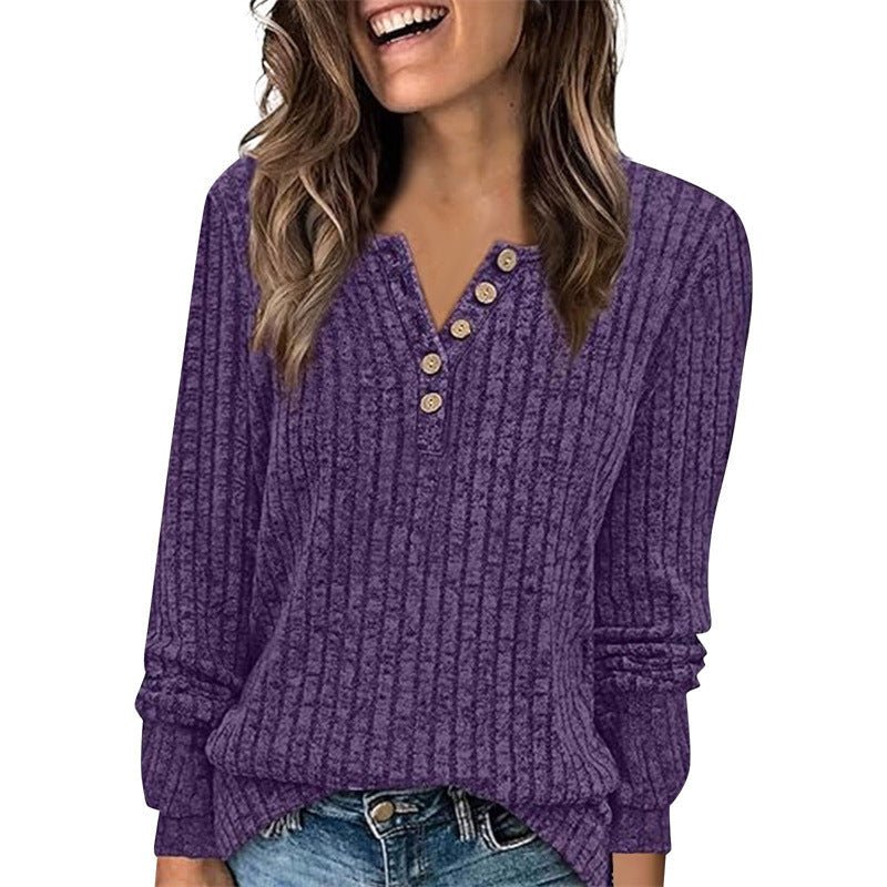 New Women's Round Neck Sunken Stripe Brushed Solid Color Button Stitching Solid Color T-shirt | Luxury Home Accessories | Heulog Glow