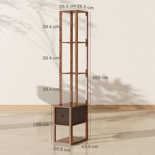 HOMCOM Floor Lamp with Shelves, LED Column Modern Standing Lamp with Fabric Drawer, Adjustable Brightness, Foot Switch for Living Room, Bedroom, Office, Rustic Brown