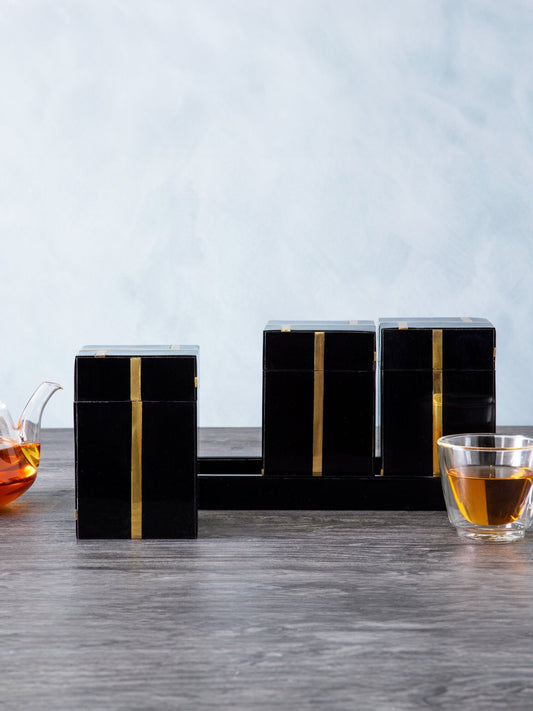 Odell Black and Gold Set of 3 Jars with Tray | Luxury Home Accessories | Heulog Glow
