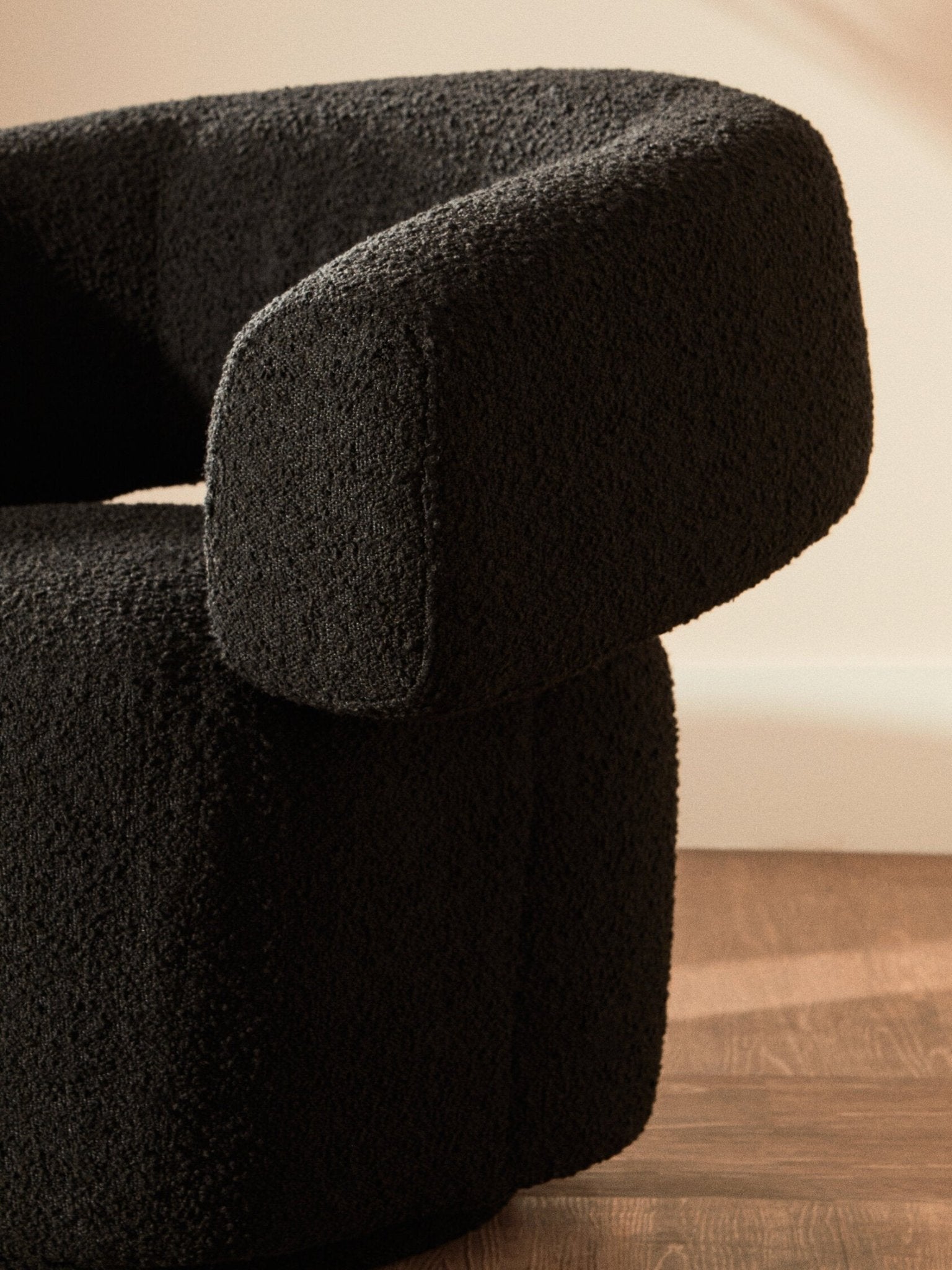 Oliveto Black Boucle Curved Swivel Armchair | Luxury Home Accessories | Heulog Glow