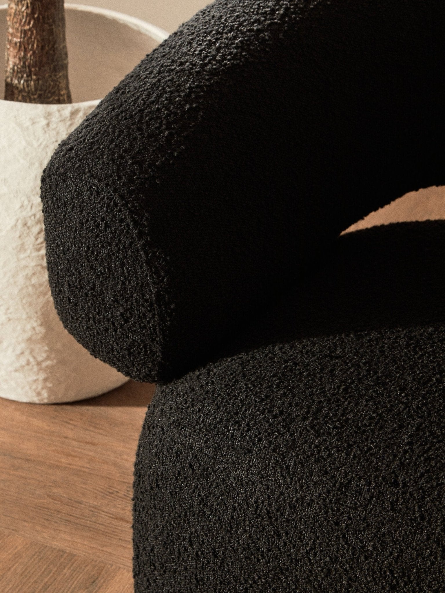 Oliveto Black Boucle Curved Swivel Armchair | Luxury Home Accessories | Heulog Glow
