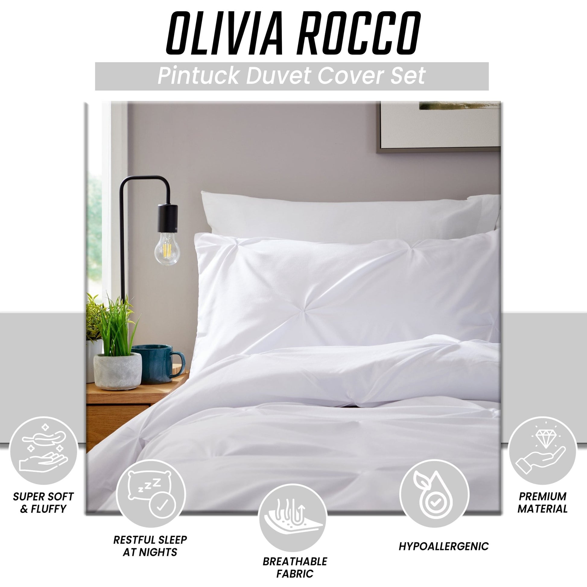 OLIVIA ROCCO Pintuck White Microfibre Duvet Cover Set With Pillowcases Reversible | Luxury Home Accessories | Heulog Glow