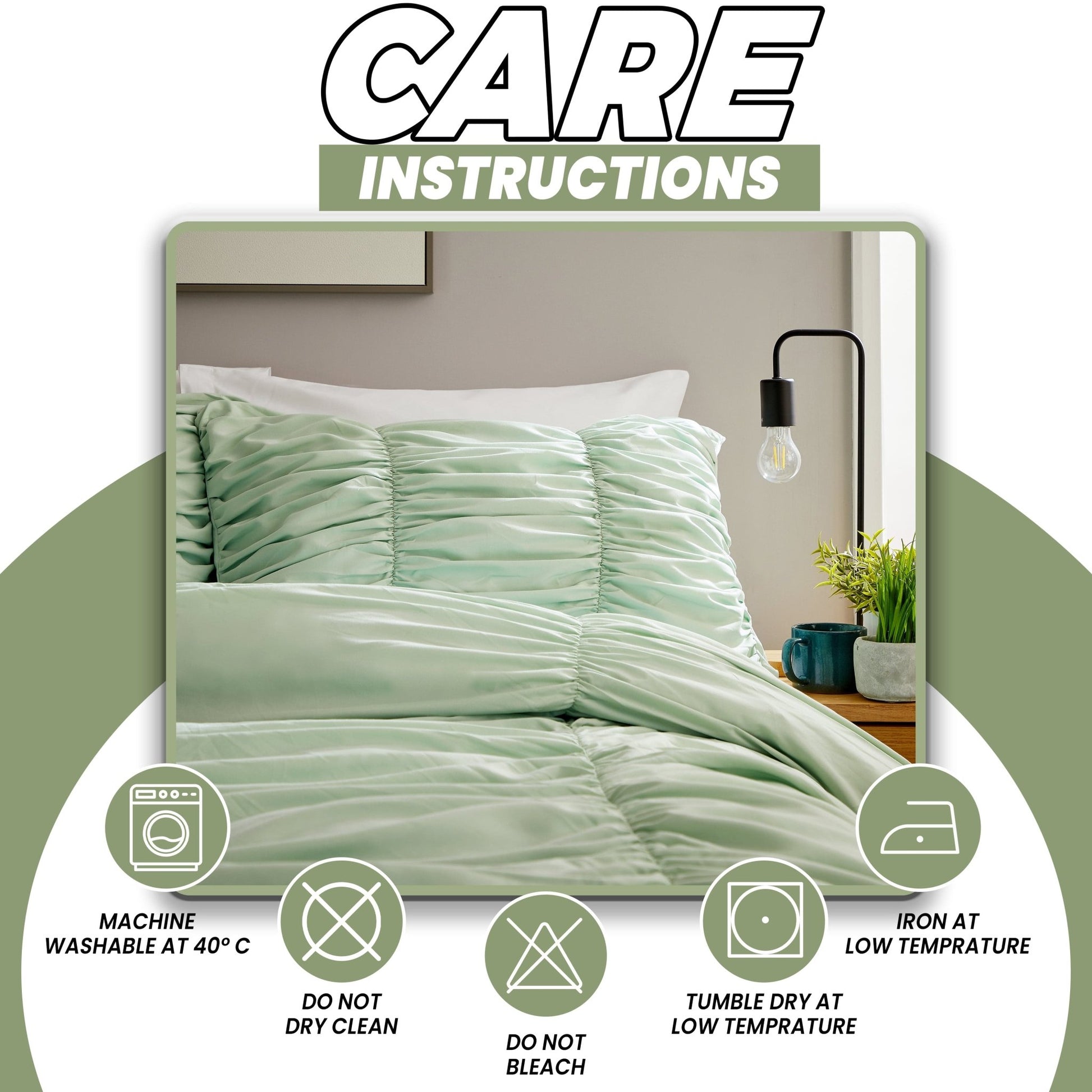 OLIVIA ROCCO Ruched Sage Green Microfibre Duvet Cover Set With Pillowcases Easy Care | Luxury Home Accessories | Heulog Glow