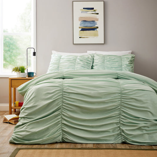 OLIVIA ROCCO Ruched Sage Green Microfibre Duvet Cover Set With Pillowcases Easy Care | Luxury Home Accessories | Heulog Glow