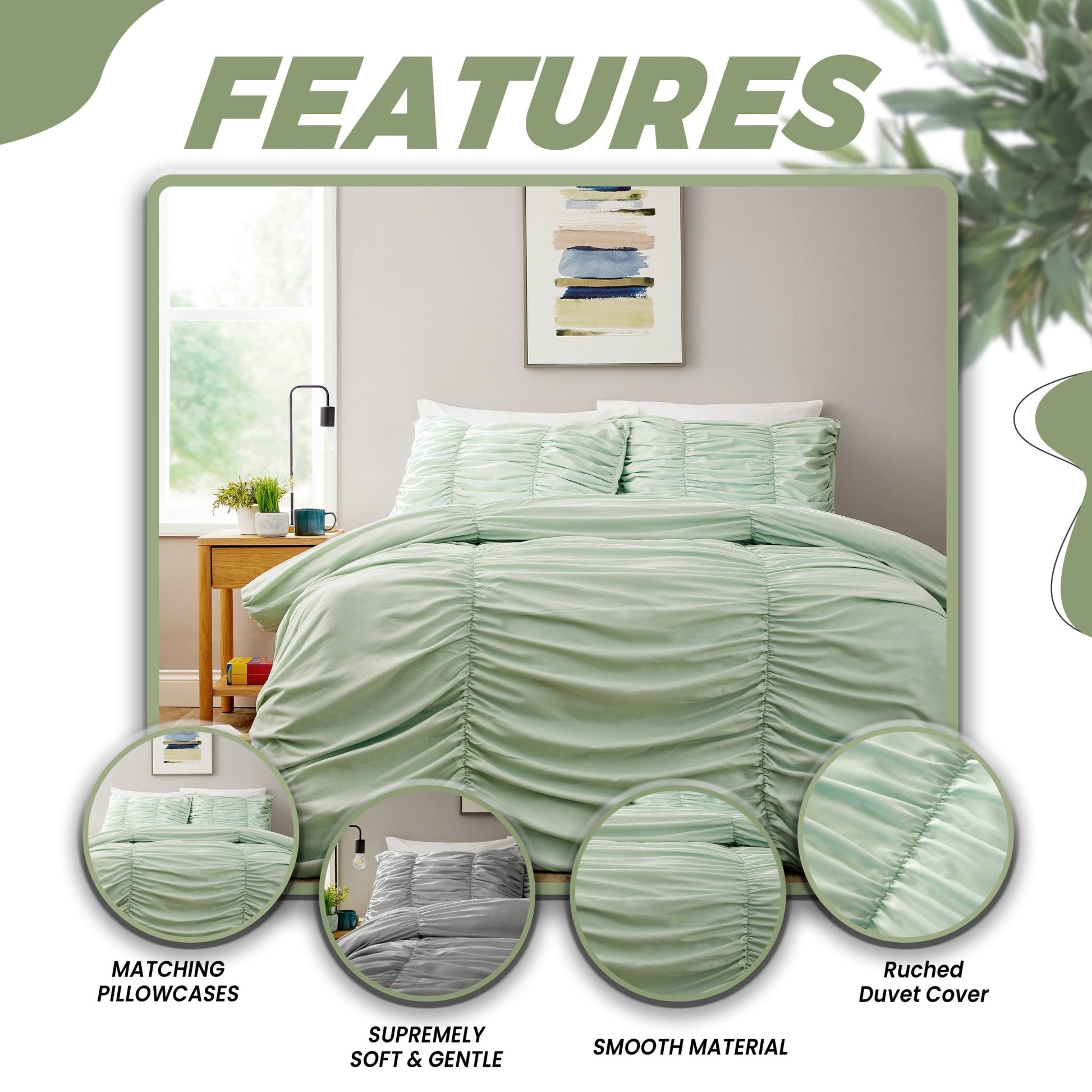 OLIVIA ROCCO Ruched Sage Green Microfibre Duvet Cover Set With Pillowcases Easy Care | Luxury Home Accessories | Heulog Glow