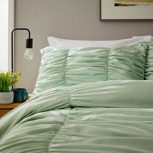 OLIVIA ROCCO Ruched Sage Green Microfibre Duvet Cover Set With Pillowcases Easy Care | Luxury Home Accessories | Heulog Glow