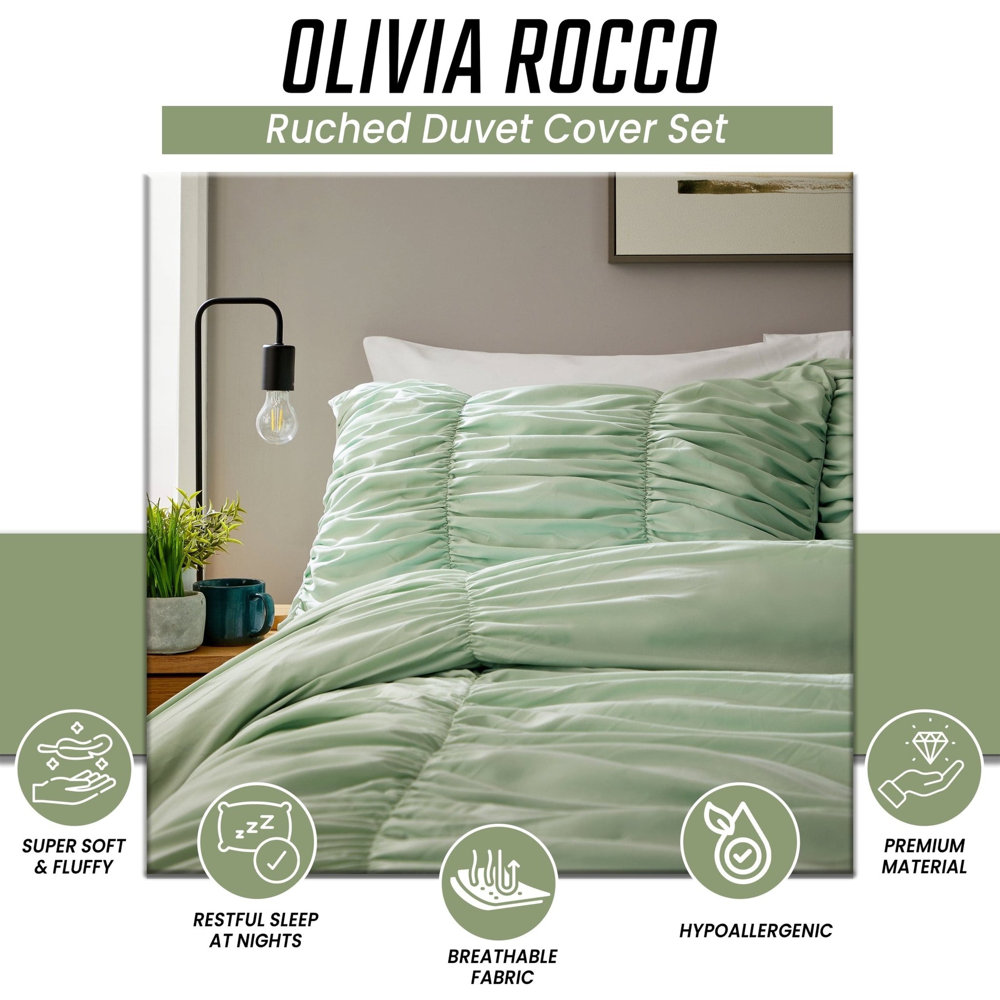 OLIVIA ROCCO Ruched Sage Green Microfibre Duvet Cover Set With Pillowcases Easy Care | Luxury Home Accessories | Heulog Glow
