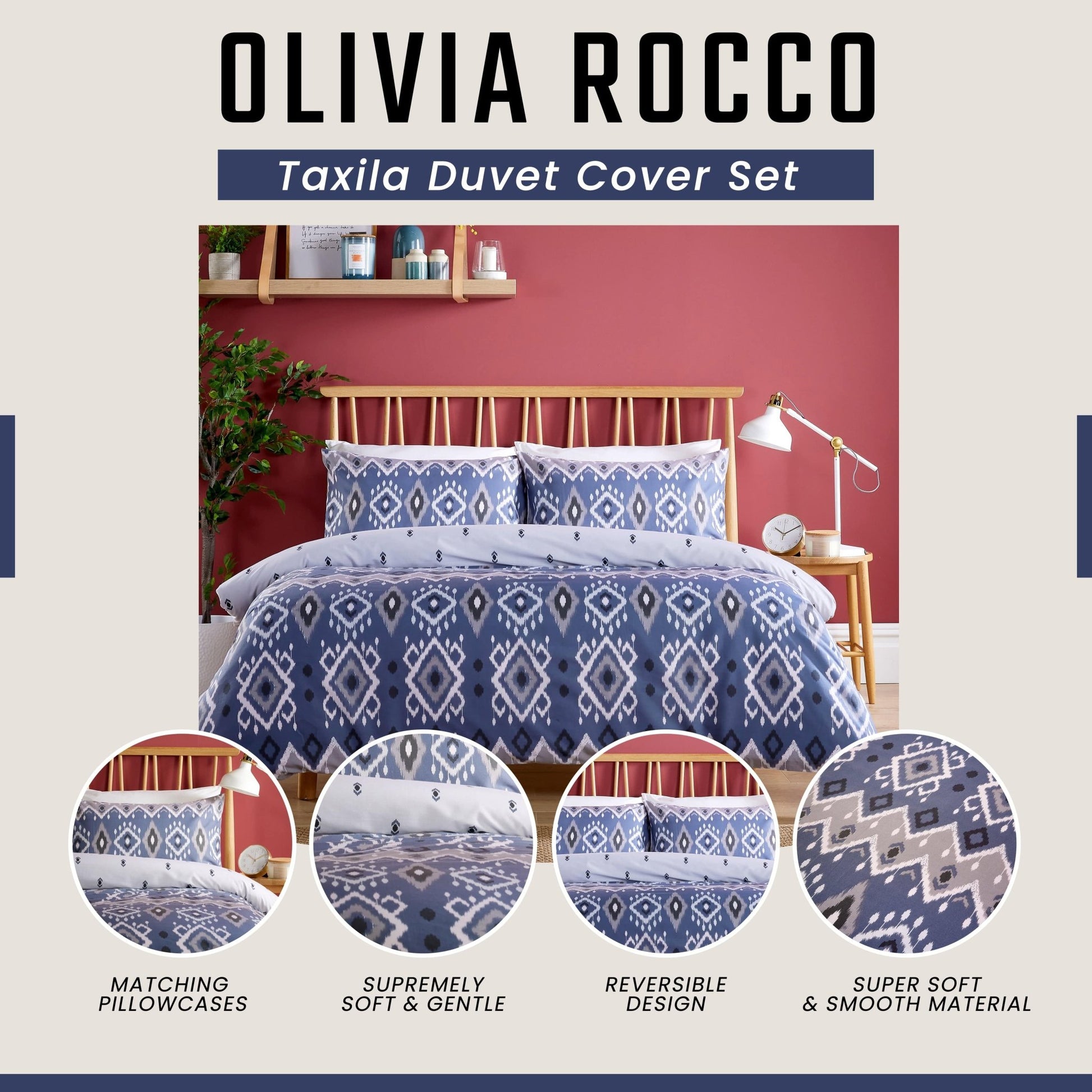 OLIVIA ROCCO Taxila Duvet Cover Set Easy Care Reversible Cotton Mix Super Soft for Everyday Luxury Hotel-Style | Luxury Home Accessories | Heulog Glow
