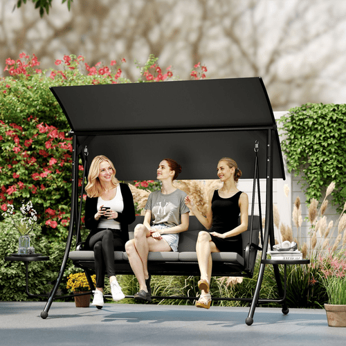 Outsunny 3 Seat Garden Swing Chair Steel w/ Adjustable Canopy and Coffee Tables | Luxury Home Accessories | Heulog Glow