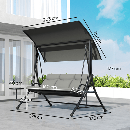 Outsunny 3 Seat Garden Swing Chair Steel w/ Adjustable Canopy and Coffee Tables | Luxury Home Accessories | Heulog Glow