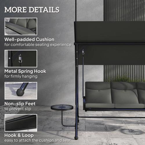 Outsunny 3 Seat Garden Swing Chair Steel w/ Adjustable Canopy and Coffee Tables | Luxury Home Accessories | Heulog Glow
