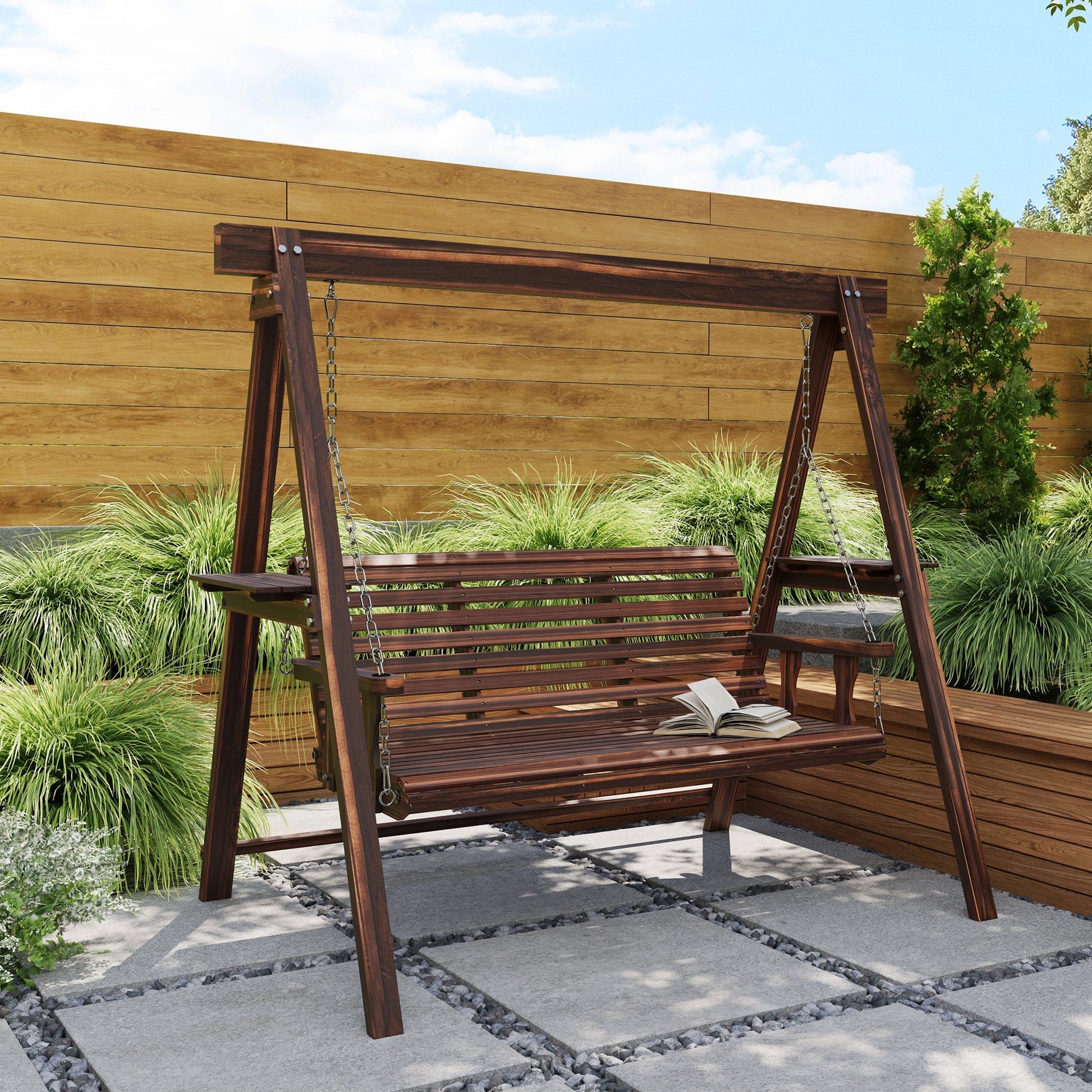 Outsunny 3 Seater Wooden Garden Swing Chair with Side Tables | Luxury Home Accessories | Heulog Glow