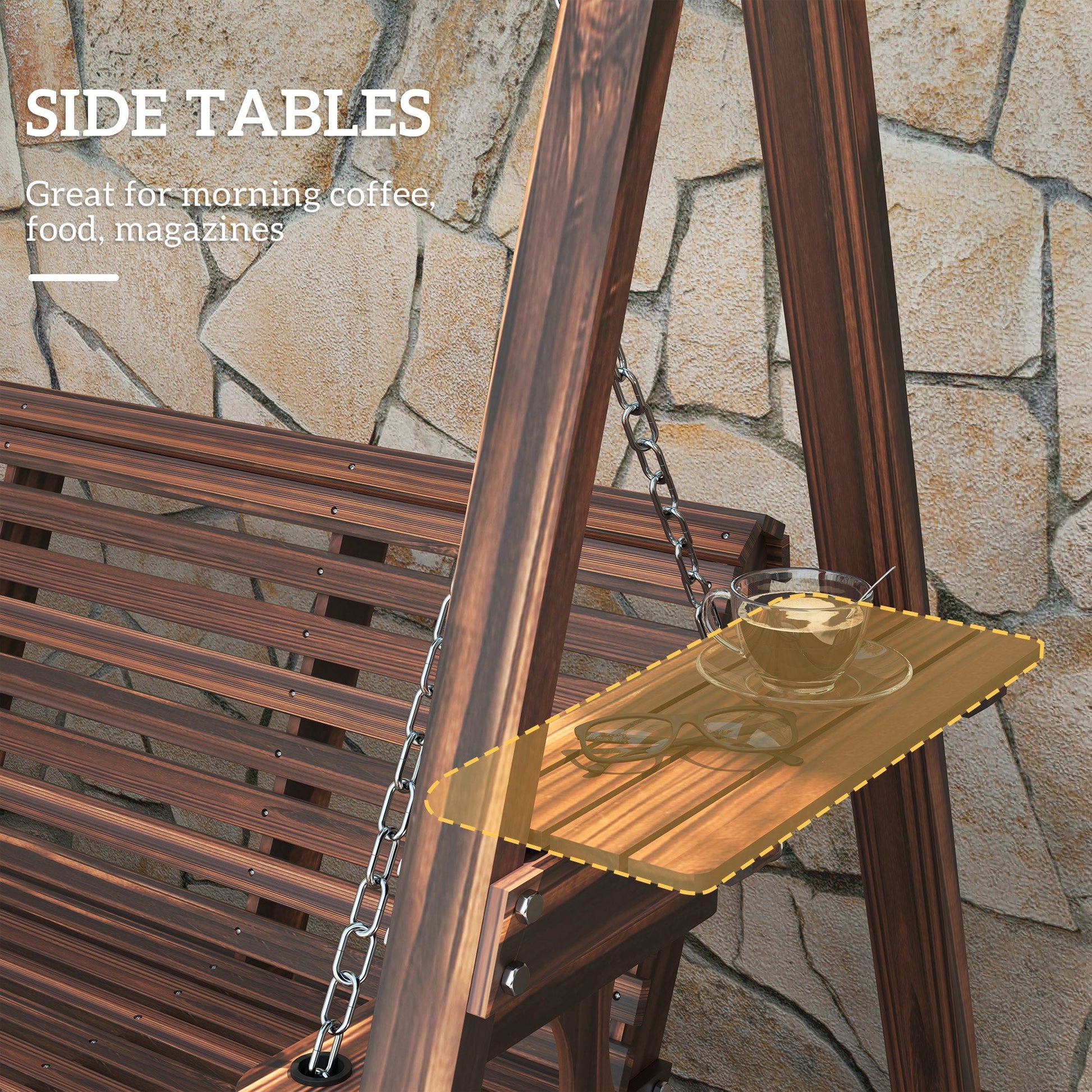 Outsunny 3 Seater Wooden Garden Swing Chair with Side Tables | Luxury Home Accessories | Heulog Glow