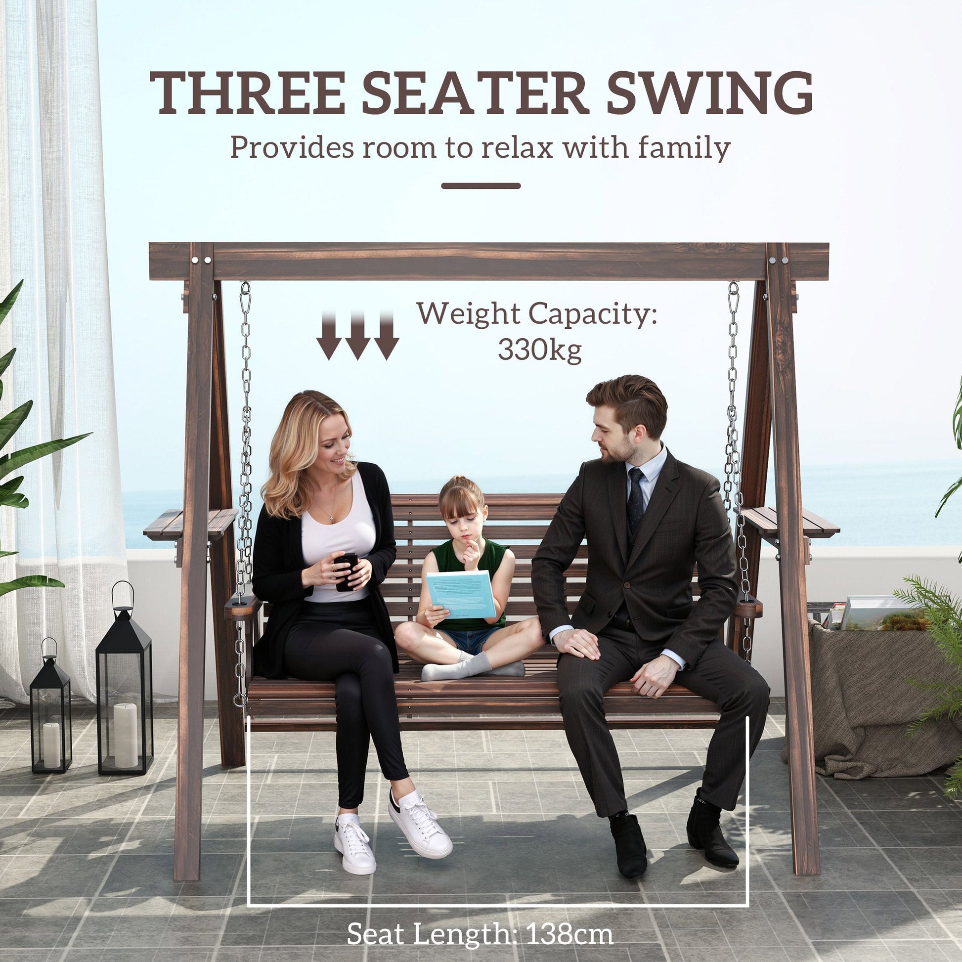 Outsunny 3 Seater Wooden Garden Swing Chair with Side Tables | Luxury Home Accessories | Heulog Glow