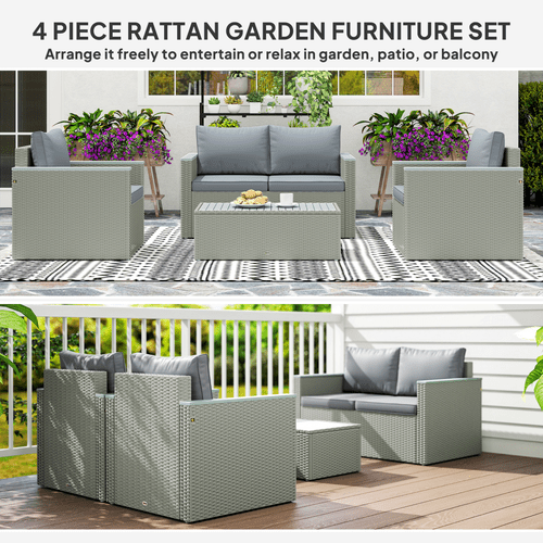 Outsunny 4 Piece Rattan Garden Furniture Set with Cushions, Light Grey | Luxury Home Accessories | Heulog Glow
