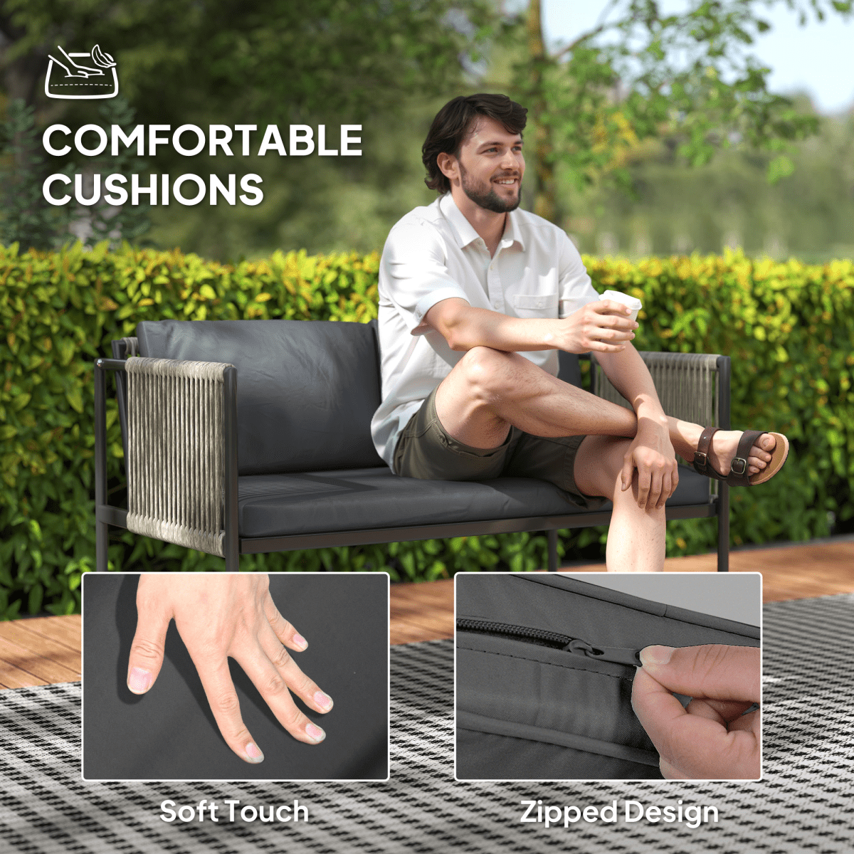 Outsunny 4 Seater Wicker Outdoor Furniture Set with Glass Coffee Table Grey | Luxury Home Accessories | Heulog Glow