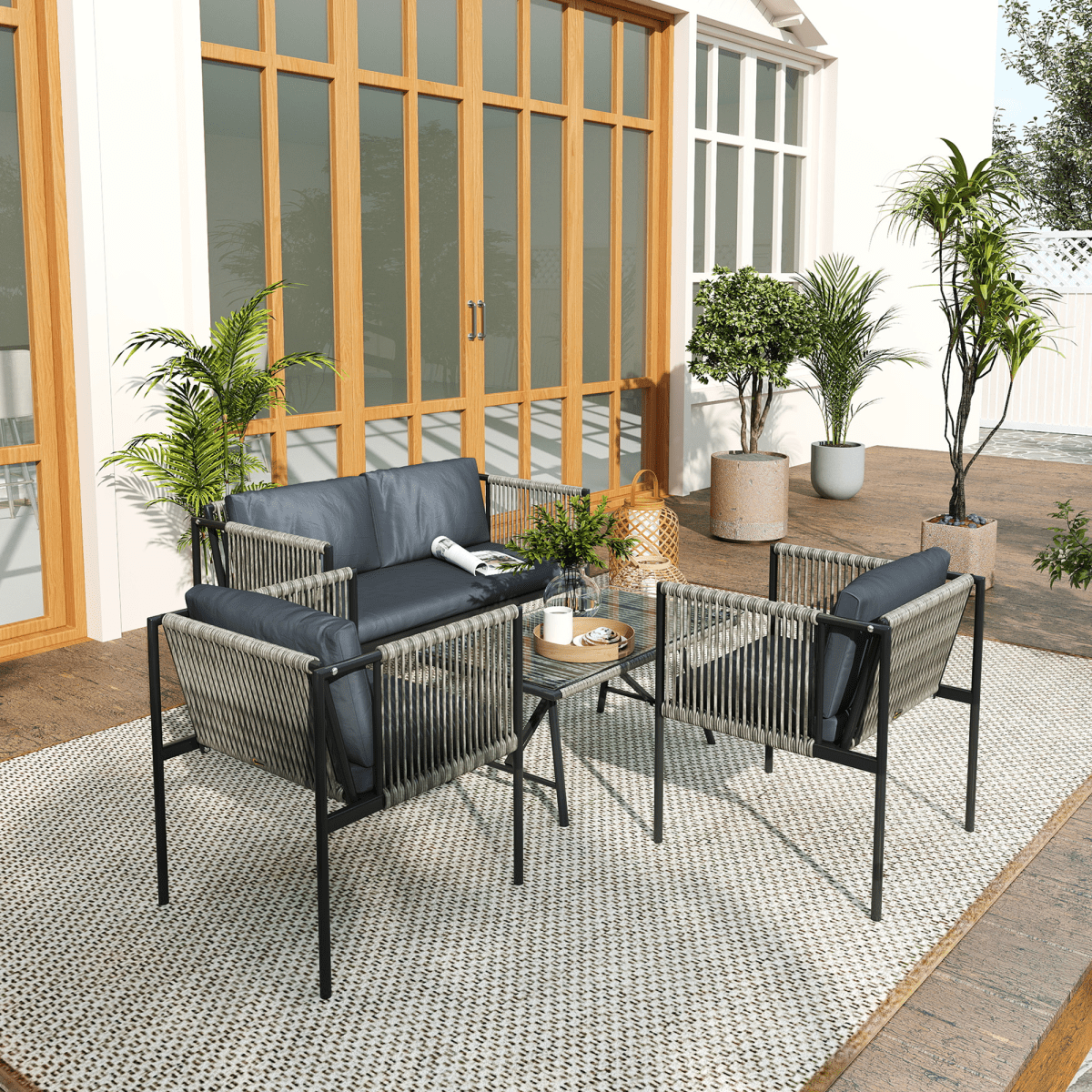 Outsunny 4 Seater Wicker Outdoor Furniture Set with Glass Coffee Table Grey | Luxury Home Accessories | Heulog Glow