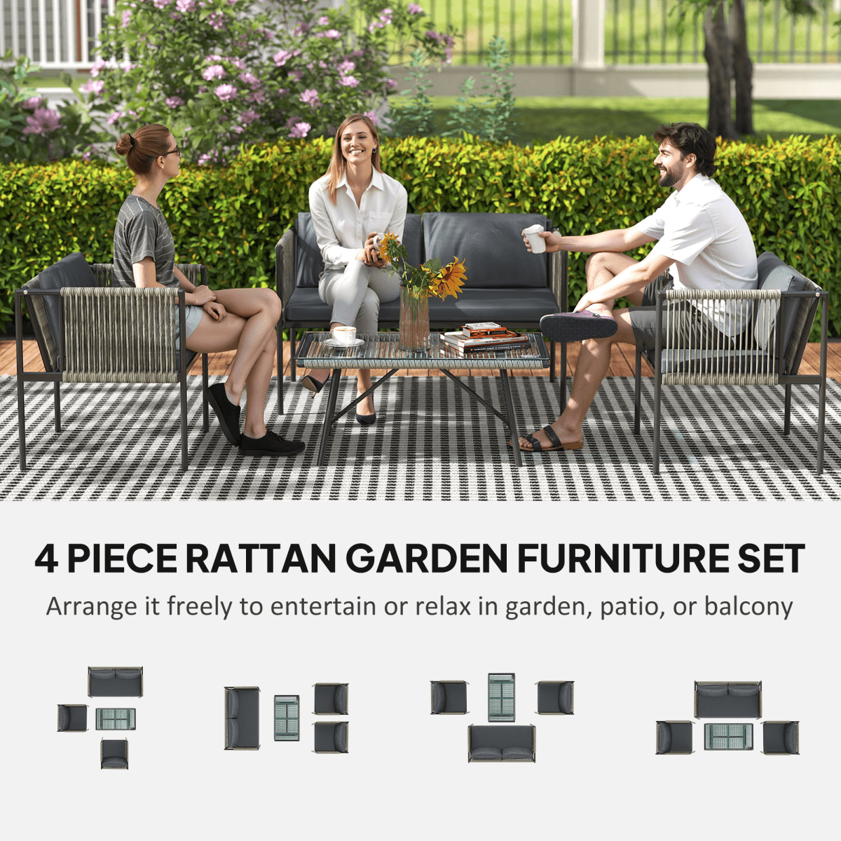 Outsunny 4 Seater Wicker Outdoor Furniture Set with Glass Coffee Table Grey | Luxury Home Accessories | Heulog Glow