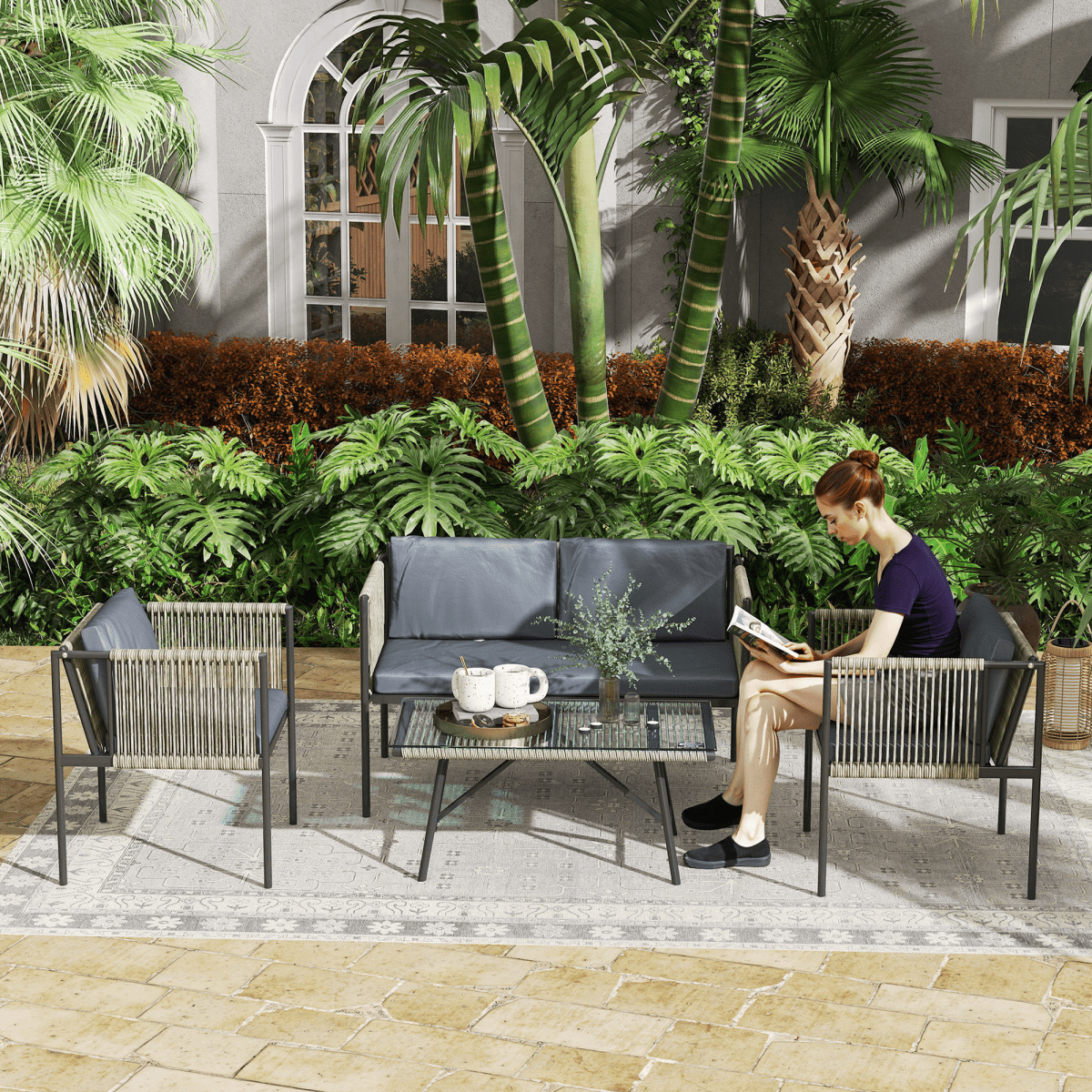 Outsunny 4 Seater Wicker Outdoor Furniture Set with Glass Coffee Table Grey | Luxury Home Accessories | Heulog Glow