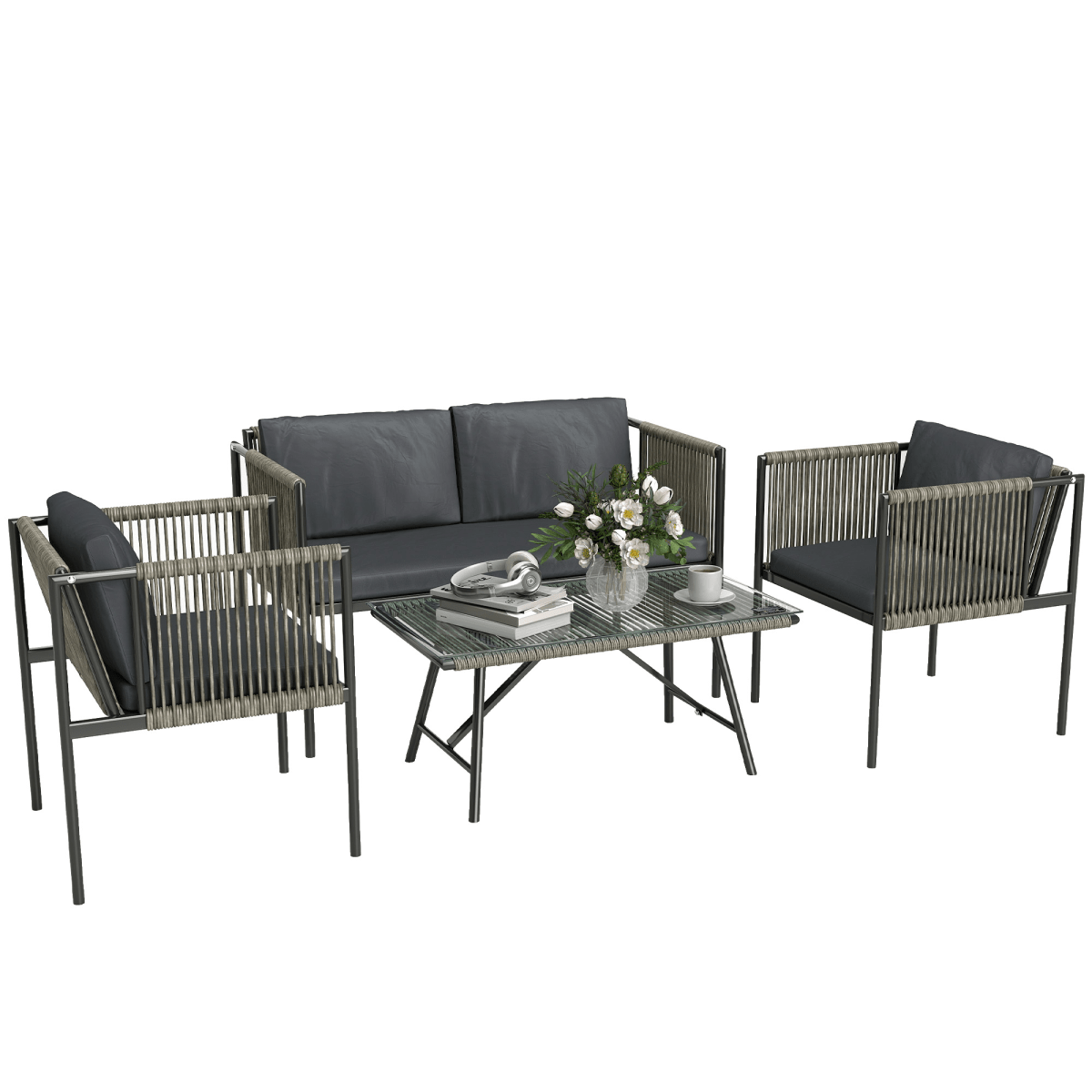 Outsunny 4 Seater Wicker Outdoor Furniture Set with Glass Coffee Table Grey | Luxury Home Accessories | Heulog Glow