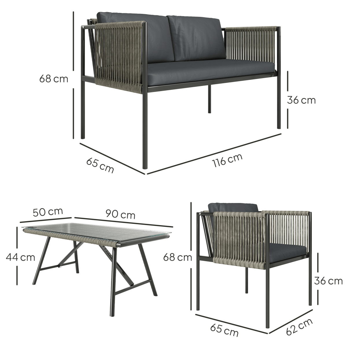 Outsunny 4 Seater Wicker Outdoor Furniture Set with Glass Coffee Table Grey | Luxury Home Accessories | Heulog Glow
