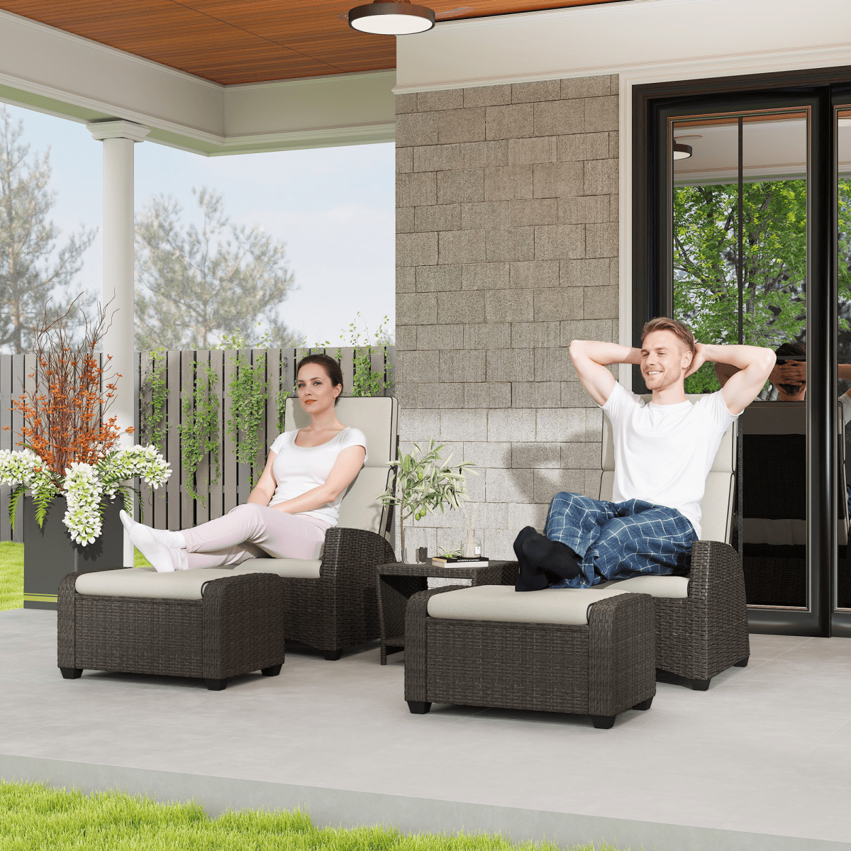Outsunny 5 PCs Rattan Garden Furniture Set with Reclining Chairs, Brown | Luxury Home Accessories | Heulog Glow