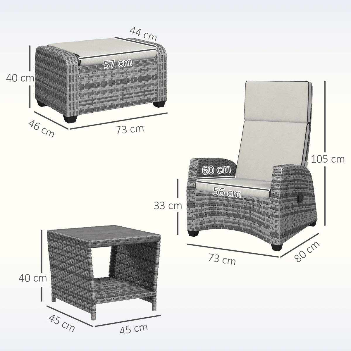 Outsunny 5 PCs Rattan Garden Furniture Set with Reclining Chairs, Grey | Luxury Home Accessories | Heulog Glow