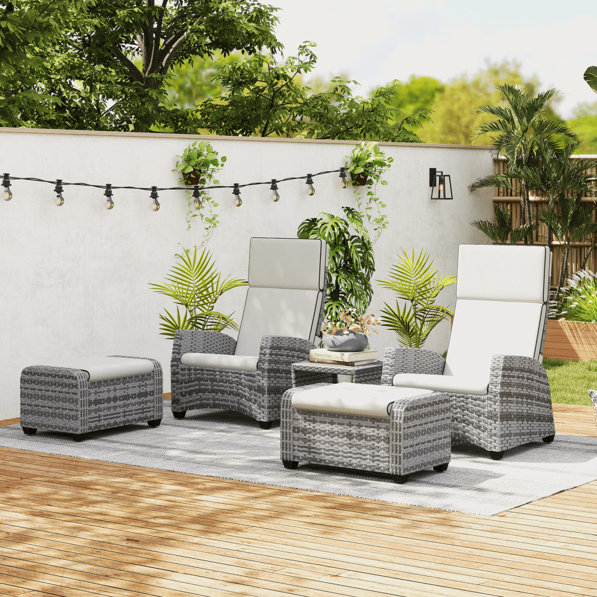 Outsunny 5 PCs Rattan Garden Furniture Set with Reclining Chairs, Grey | Luxury Home Accessories | Heulog Glow