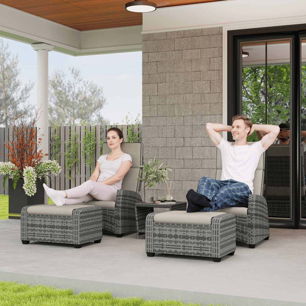 Outsunny 5 PCs Rattan Garden Furniture Set with Reclining Chairs, Grey | Luxury Home Accessories | Heulog Glow