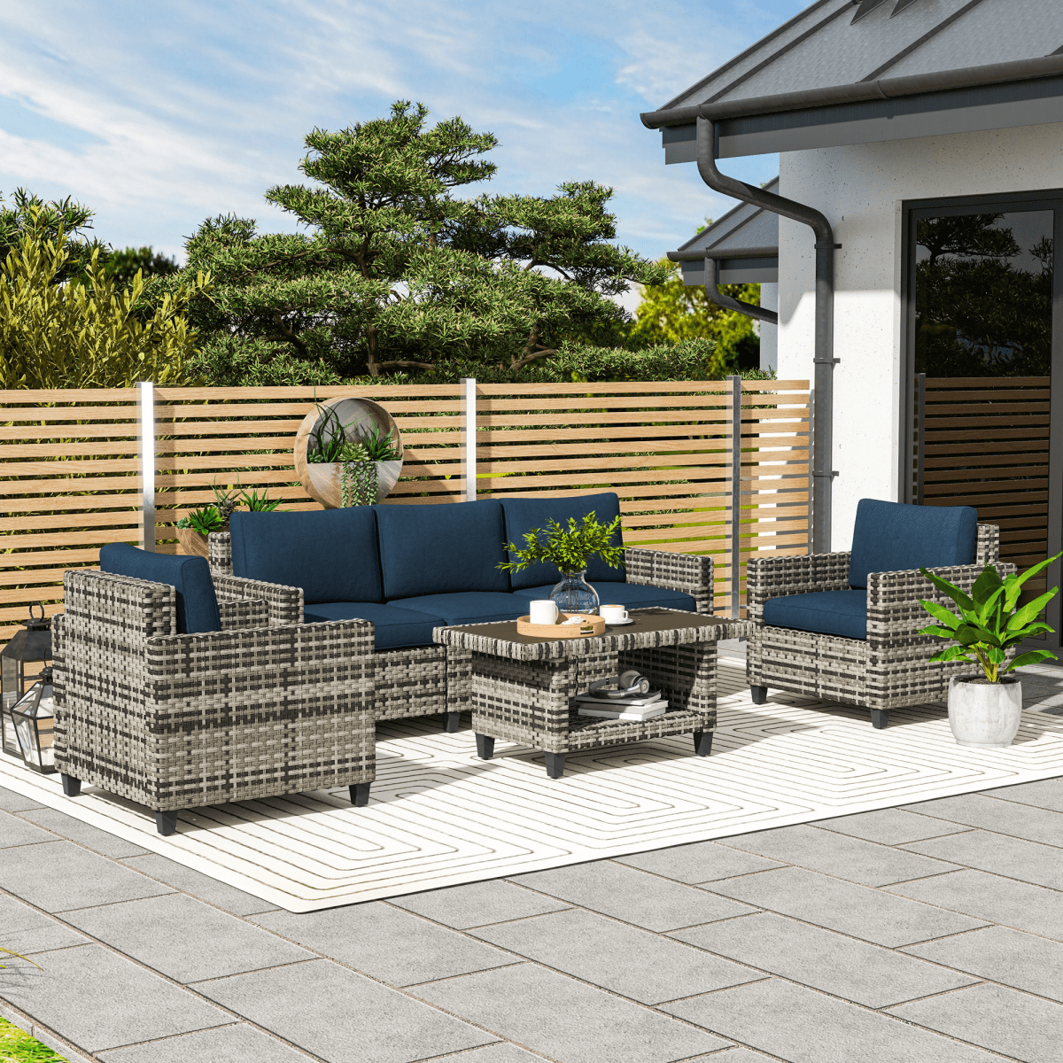 Outsunny 5 Seater Wicker Outdoor Furniture Set for Balcony | Luxury Home Accessories | Heulog Glow