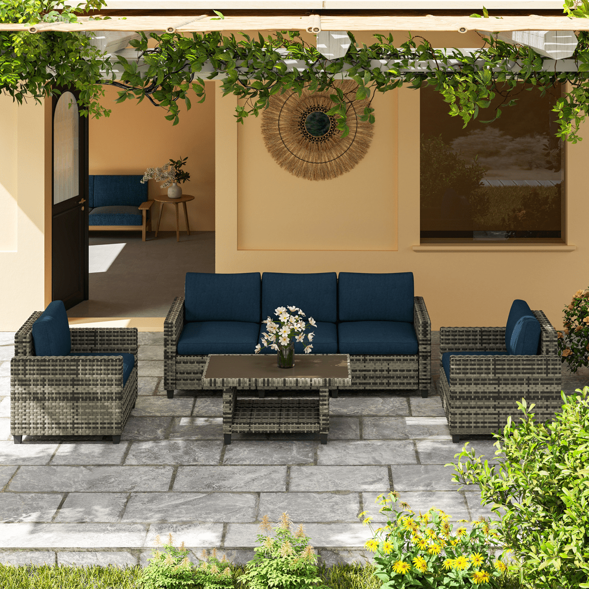 Outsunny 5 Seater Wicker Outdoor Furniture Set for Balcony | Luxury Home Accessories | Heulog Glow