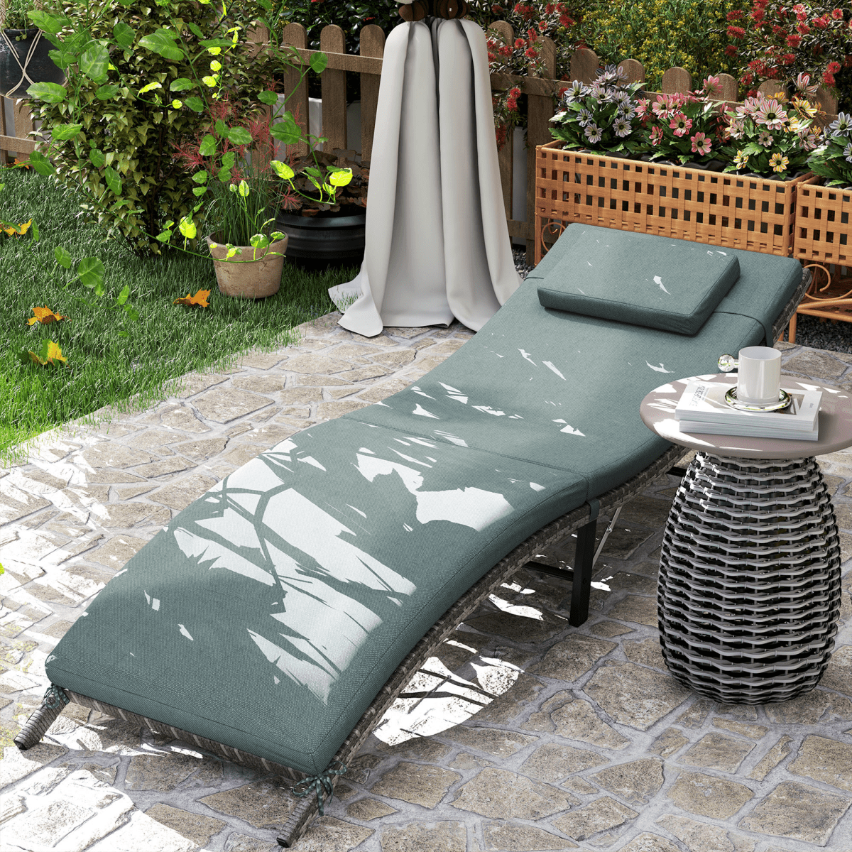 Outsunny Folding Rattan Sun Lounger with Cushion and Pillow | Luxury Home Accessories | Heulog Glow