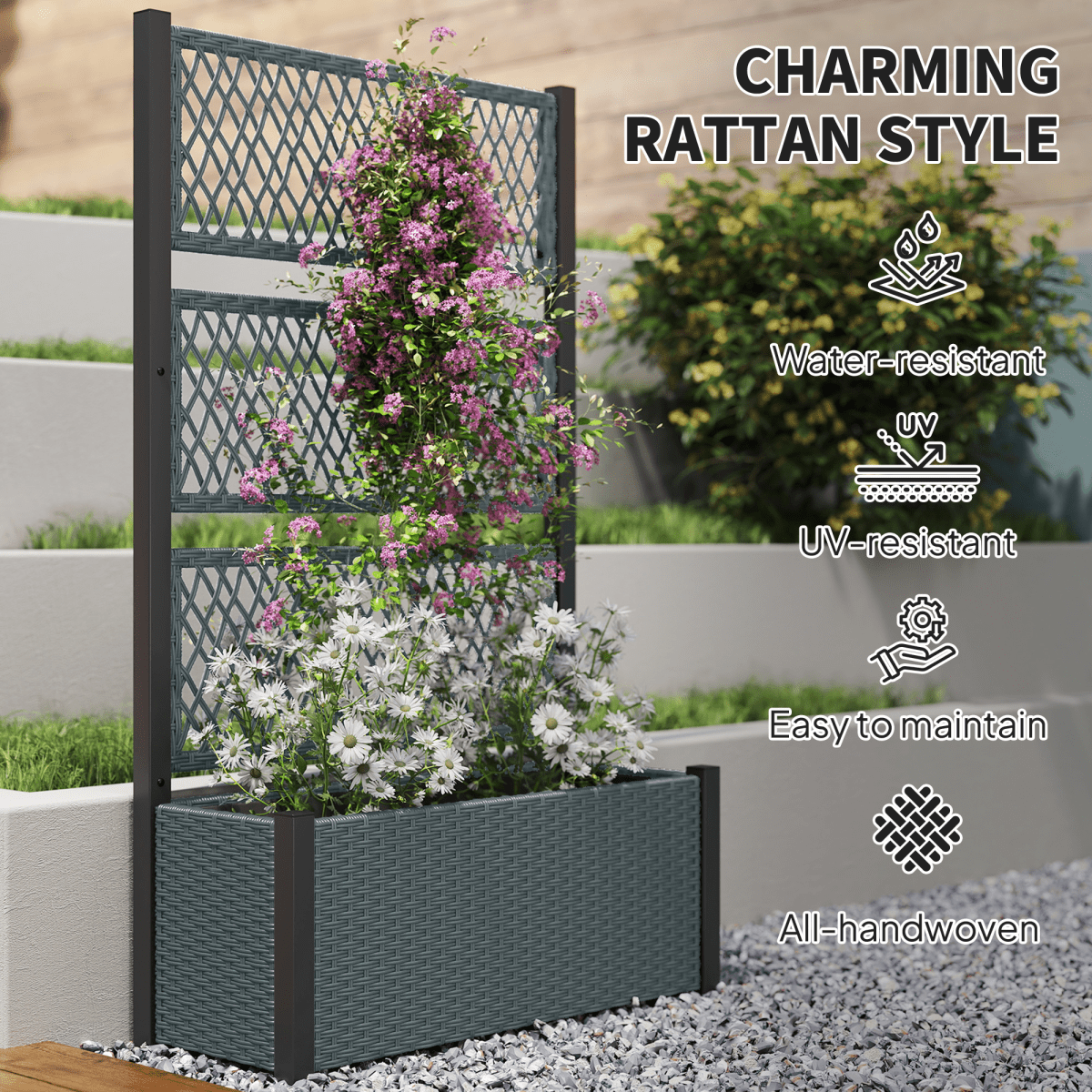 Outsunny Garden Planter Box with Trellis, Rattan Raised Bed | Luxury Home Accessories | Heulog Glow