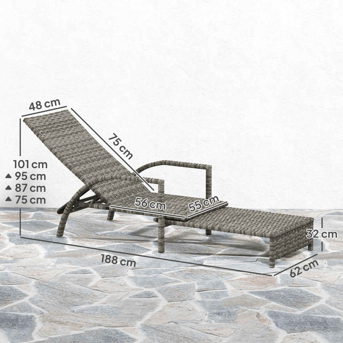 Outsunny PE Rattan Sun Lounger with 4-Level Adjustable Backrest | Luxury Home Accessories | Heulog Glow