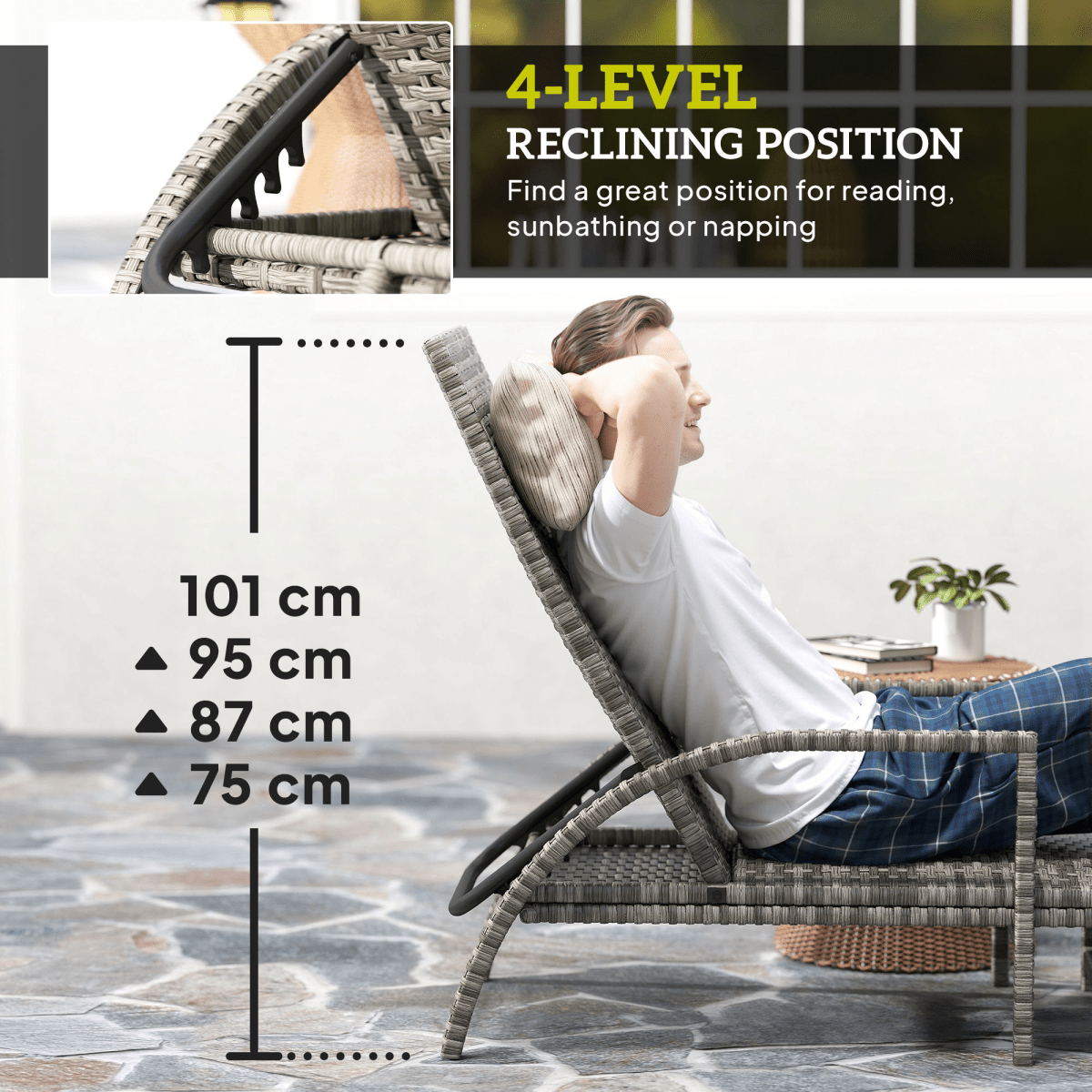 Outsunny PE Rattan Sun Lounger with 4-Level Adjustable Backrest | Luxury Home Accessories | Heulog Glow