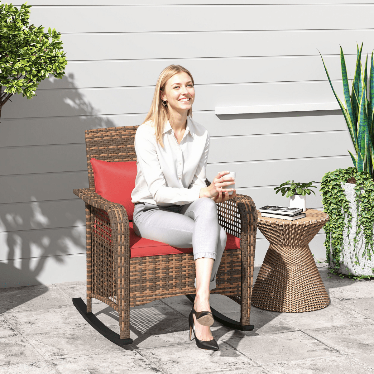 Outsunny Rattan Garden Rocking Chair w/ Seat and Back Cushions | Luxury Home Accessories | Heulog Glow