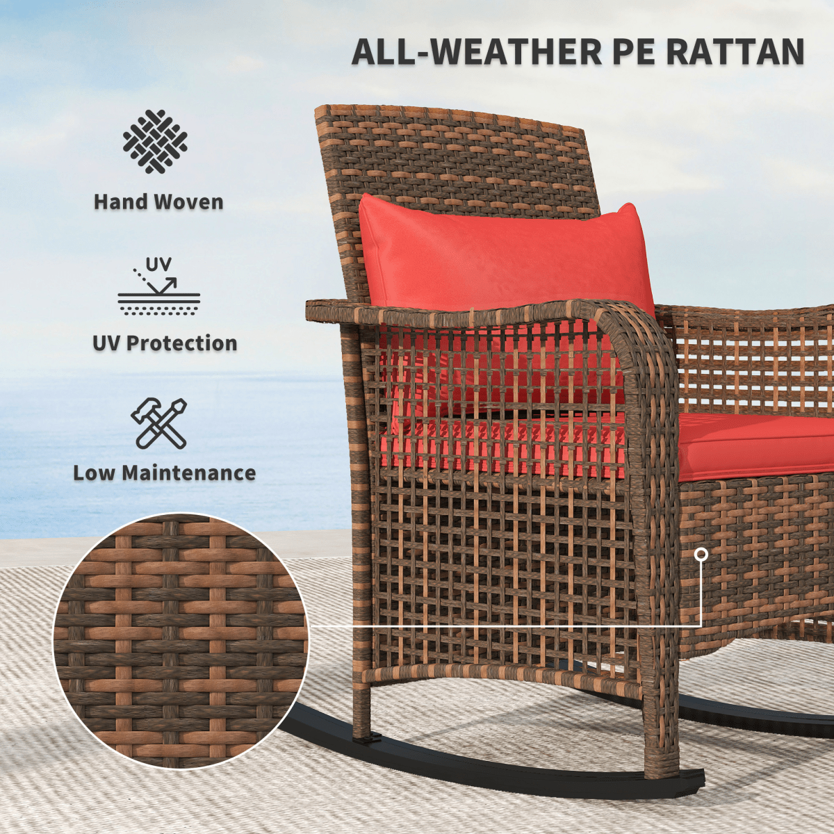 Outsunny Rattan Garden Rocking Chair w/ Seat and Back Cushions | Luxury Home Accessories | Heulog Glow