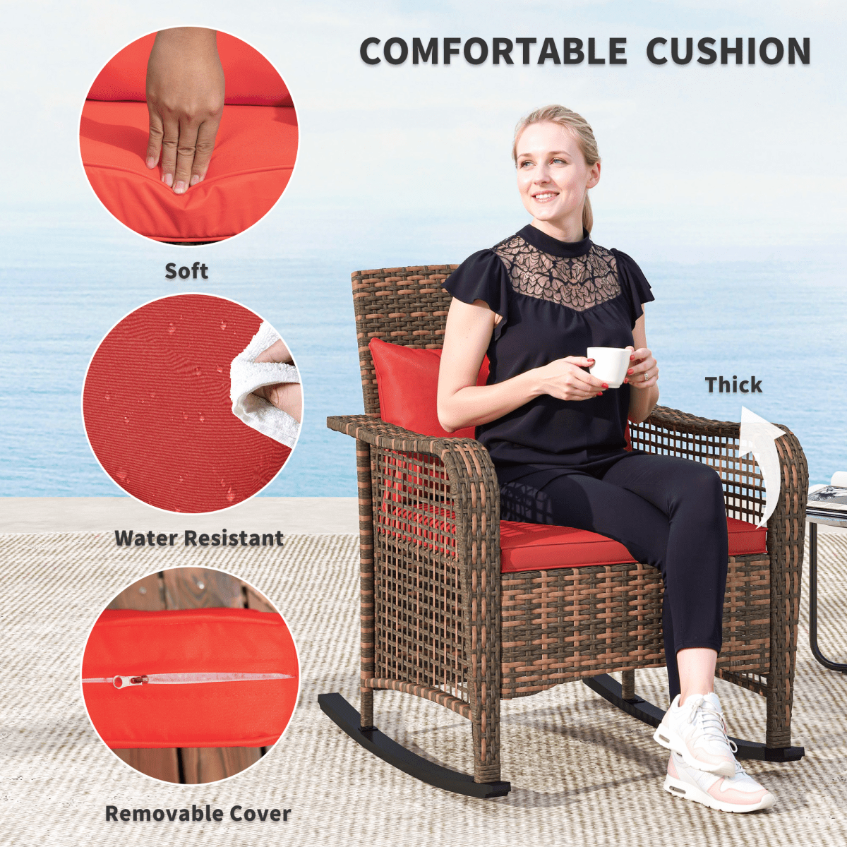 Outsunny Rattan Garden Rocking Chair w/ Seat and Back Cushions | Luxury Home Accessories | Heulog Glow