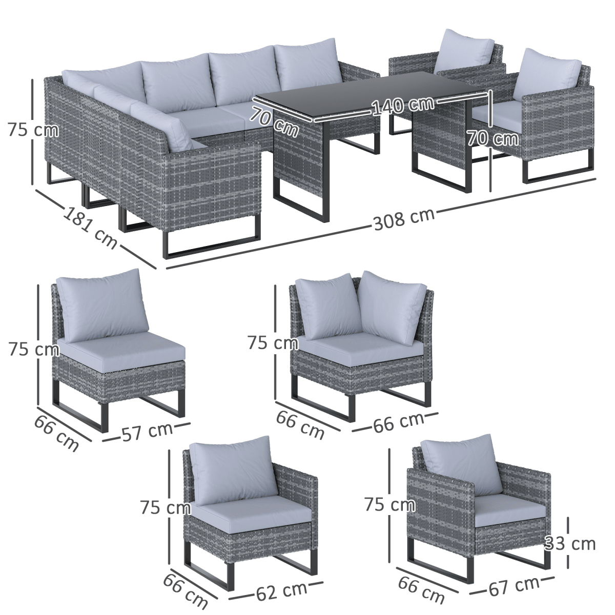 Outsunny Sectional Outdoor Furniture with Glass Top Table, Light Grey | Luxury Home Accessories | Heulog Glow
