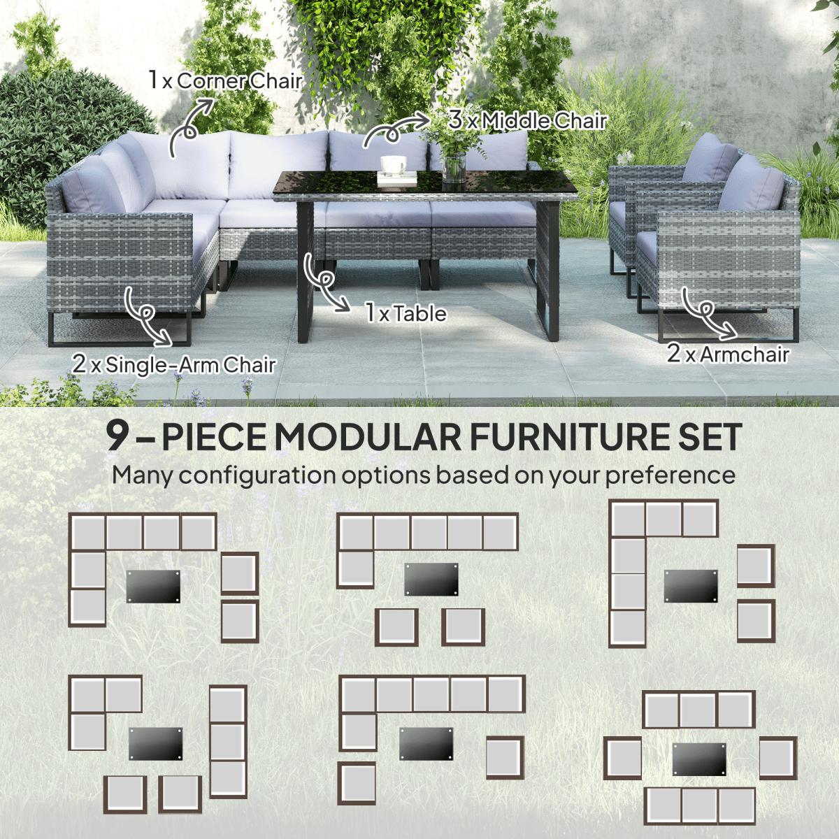Outsunny Sectional Outdoor Furniture with Glass Top Table, Light Grey | Luxury Home Accessories | Heulog Glow