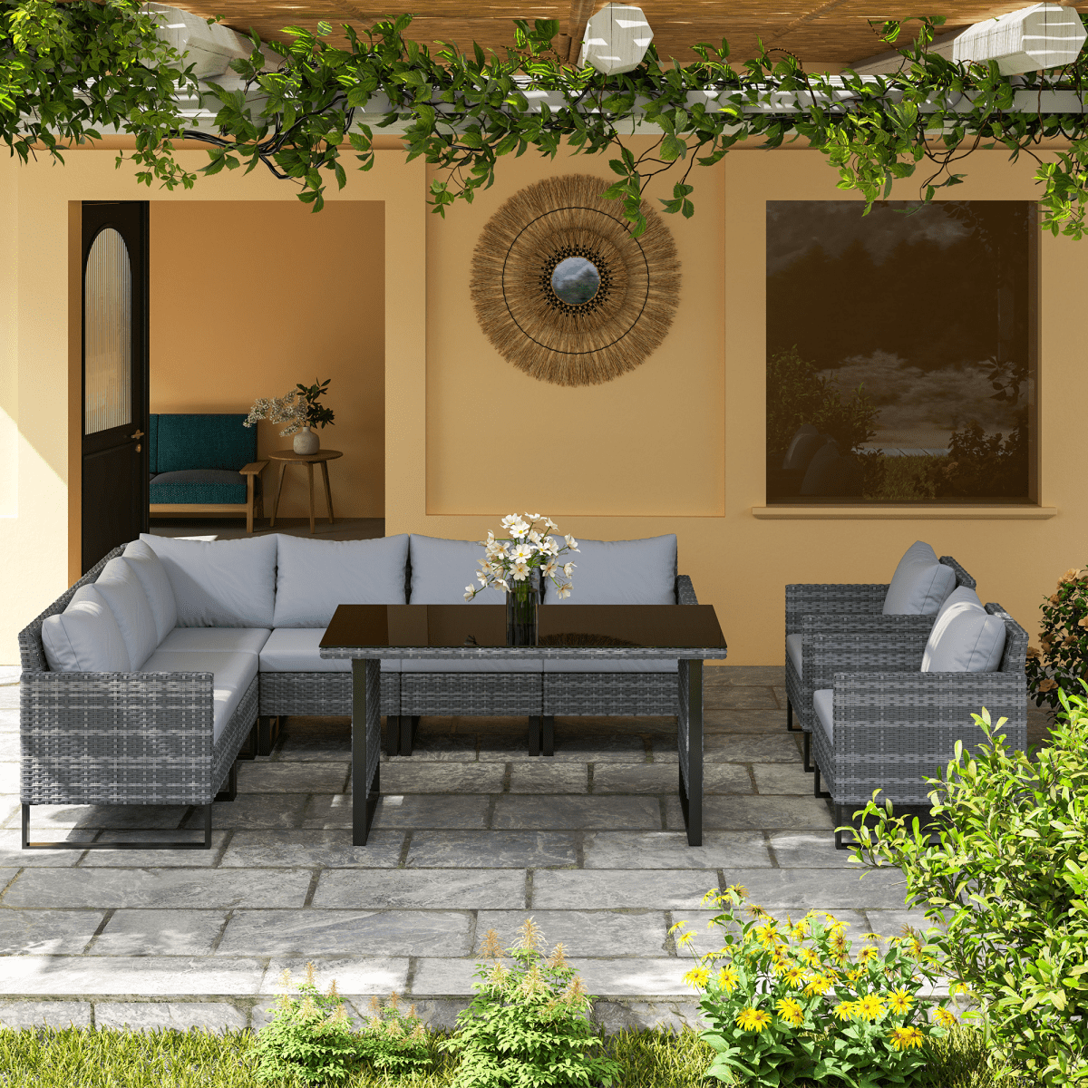Outsunny Sectional Outdoor Furniture with Glass Top Table, Light Grey | Luxury Home Accessories | Heulog Glow