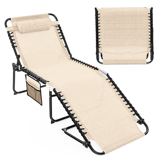 Oversize Folding Chaise Lounge with Adjustable Backrest and Detachable Pillow-Beige