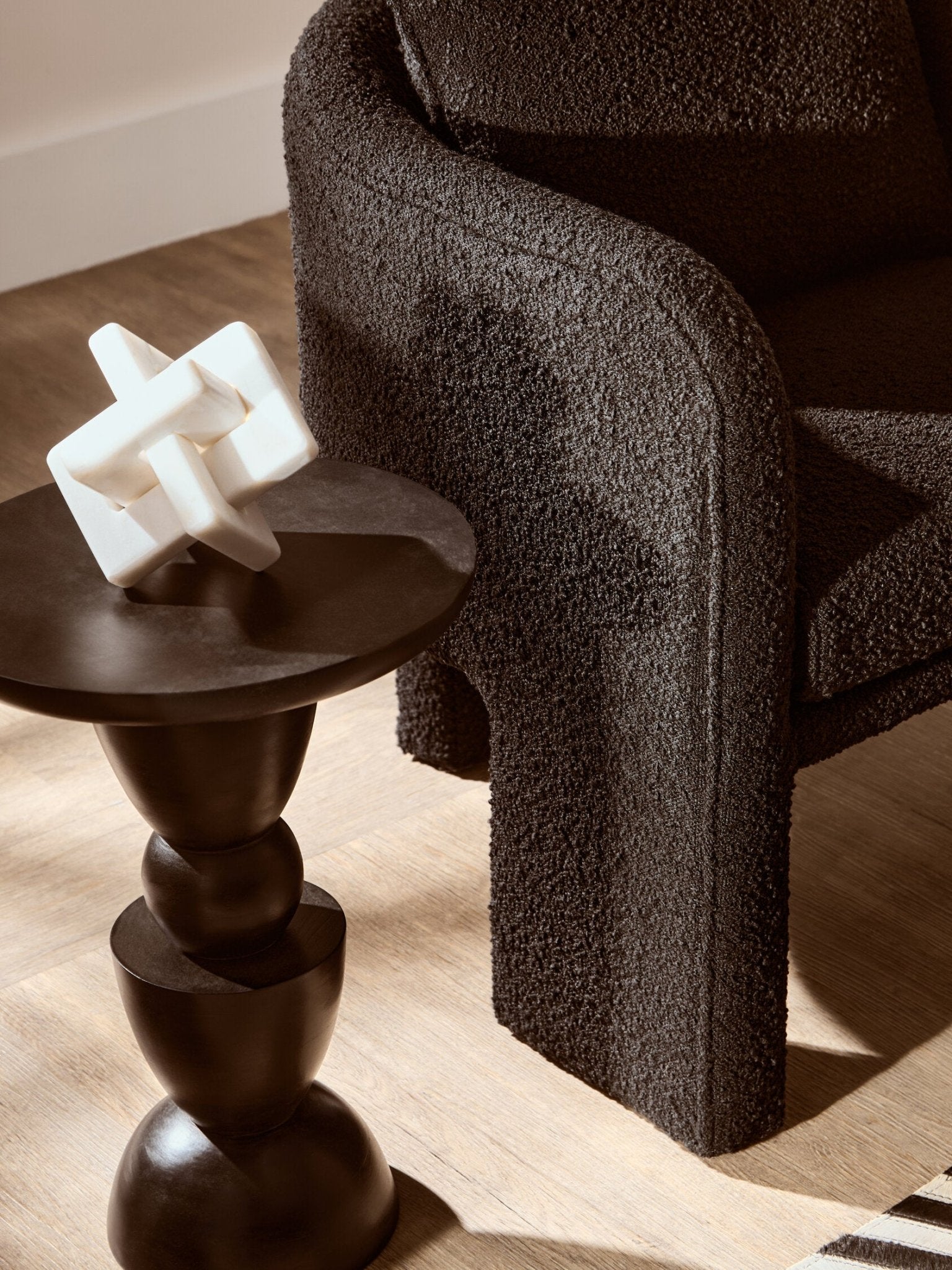 Ozzero Black Boucle Curved Armchair | Luxury Home Accessories | Heulog Glow