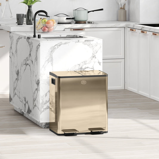 HOMCOM 40L Dual Compartment Stainless Steel Bin, with Deodoriser Holders - Gold Tone