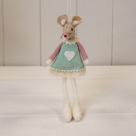 Green Fabric Sitting / Hanging Mouse with Pink Sleeves